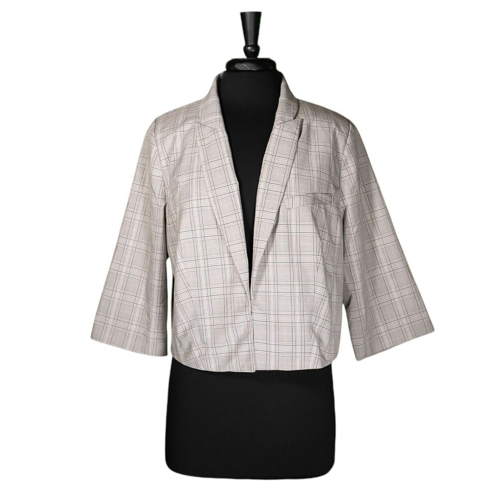 ELOQUII Women's Blazer Beige Plaid Stretch 3/4 Sleeve Cropped Jacket Office 18